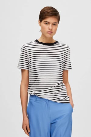 gestreept T-shirt SLFMYESSENTIAL van katoen zwart/ wit
