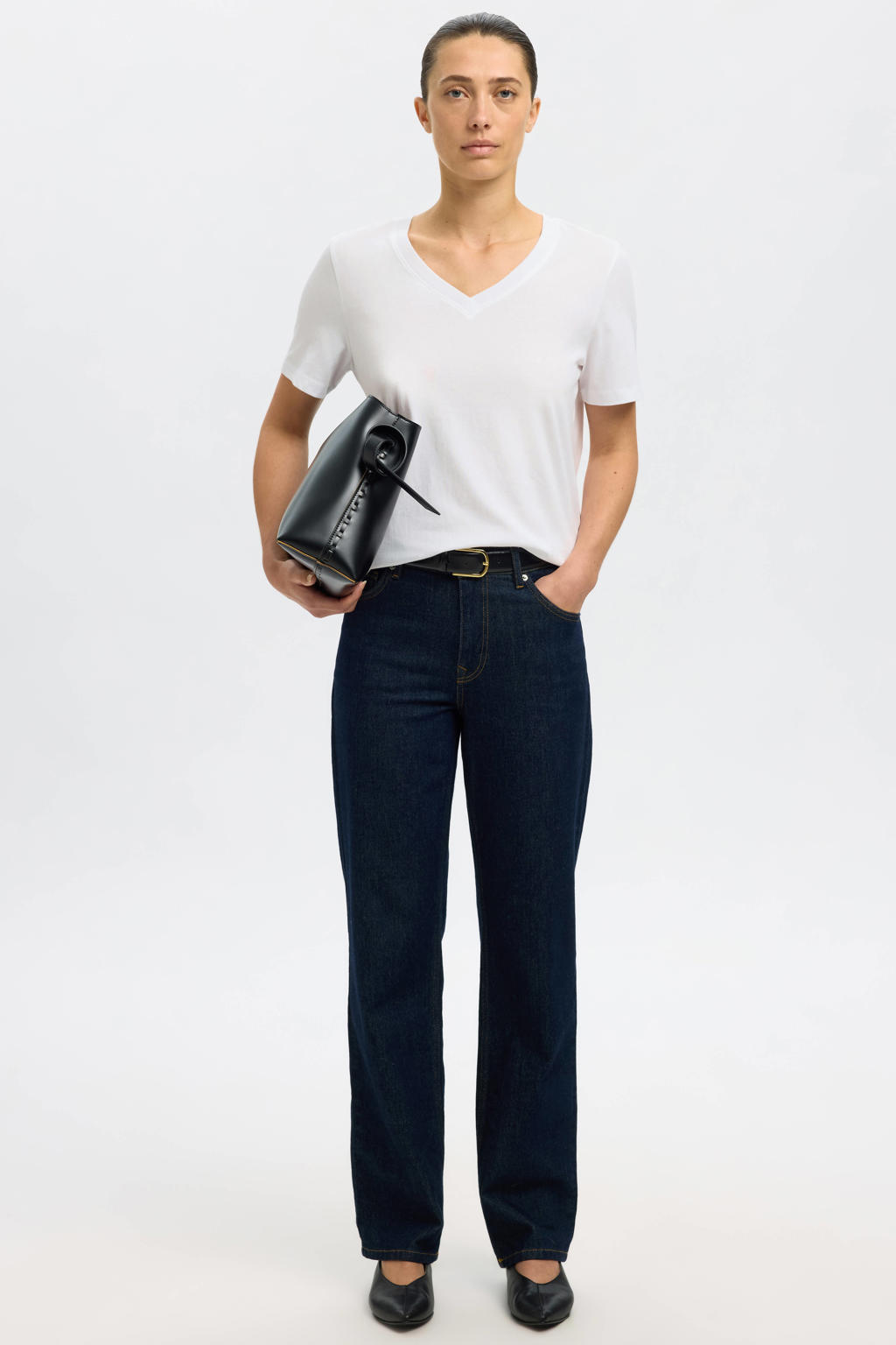 Witte dames Selected T-shirt van katoen met effen, korte mouwen en V-hals