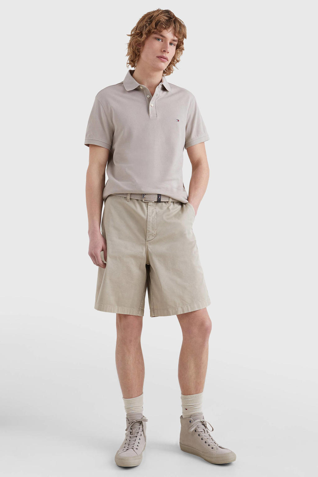 Beige heren Tommy Hilfiger slim fit polo katoen met korte mouwen en klassieke kraag