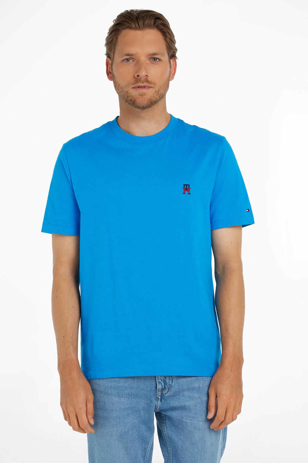 Blauwe heren Tommy Hilfiger T-shirt van katoen met korte mouwen en ronde hals