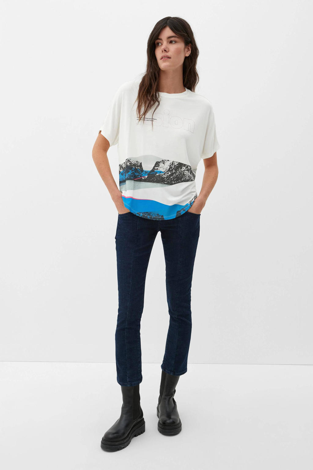 Wit, blauw en zwarte dames s.Oliver T-shirt van viscose met printopdruk, korte mouwen en ronde hals