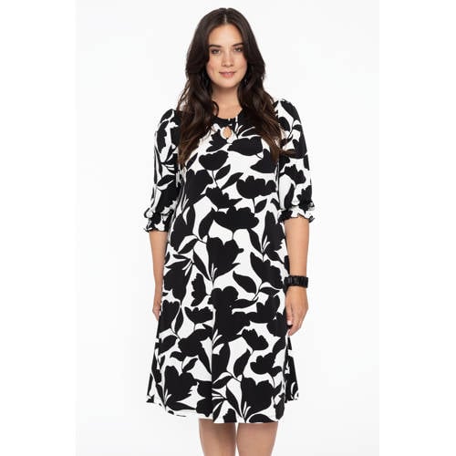 Yoek jurk DOLCE van travelstof met all over print wit/zwart