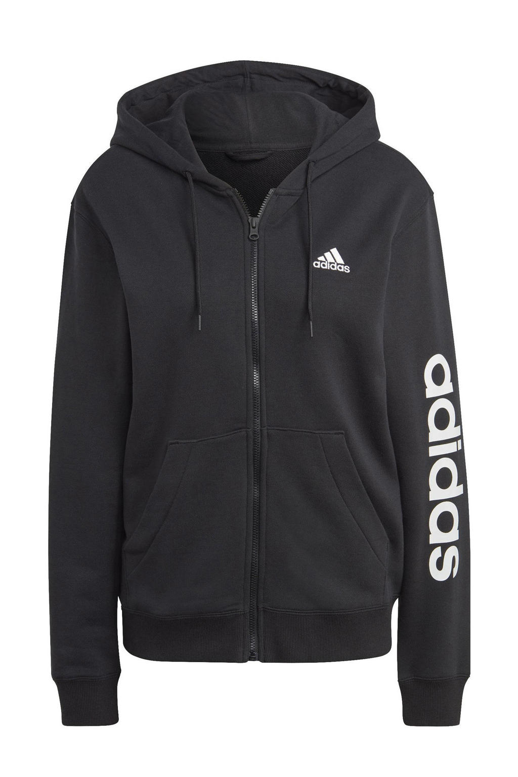 Zwart en witte dames adidas Sportswear vest van katoen met logo dessin, lange mouwen, capuchon, ritssluiting en tunnelkoord