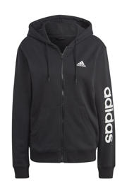 thumbnail: Zwart en witte dames adidas Sportswear vest van katoen met logo dessin, lange mouwen, capuchon, ritssluiting en tunnelkoord