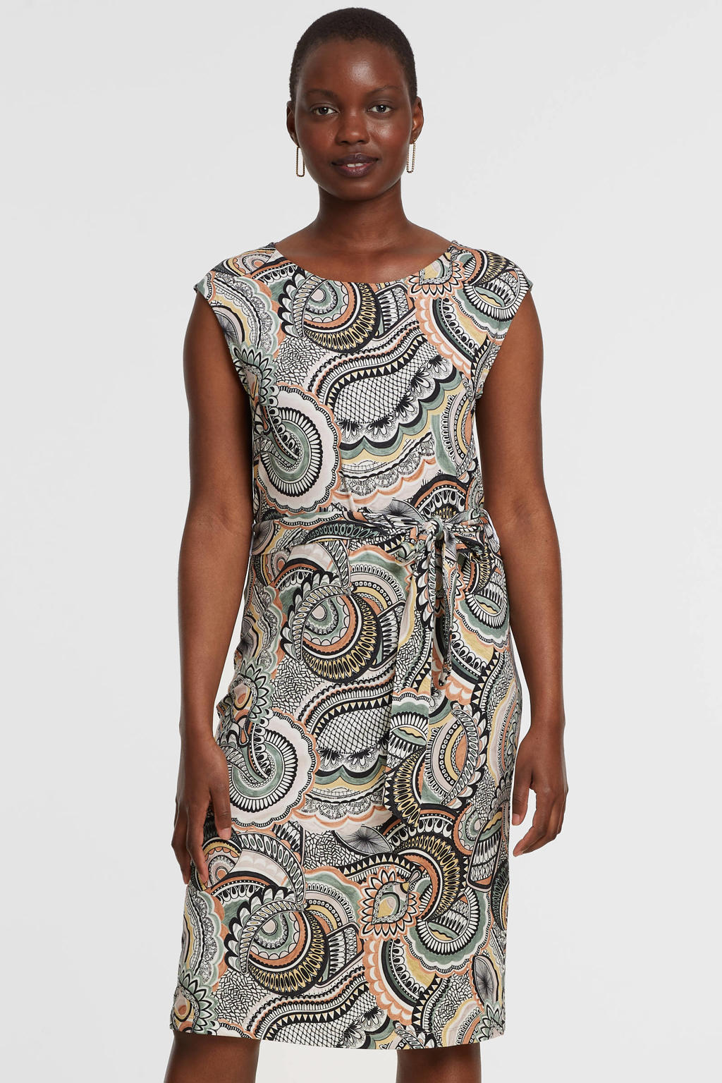 Geisha jurk Sky met all over print en ceintuur wit/zwart/blauw wehkamp
