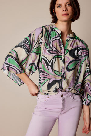 blouse met all over print en plooien paars/groen