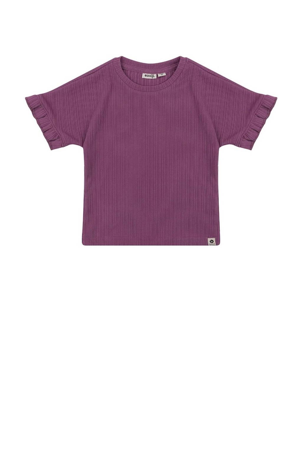 Paarse meisjes Daily7 T-shirt van polyester met korte mouwen, ronde hals en ruches