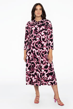 blousejurk DOLCE van travelstof met paisleyprint zwart/roze