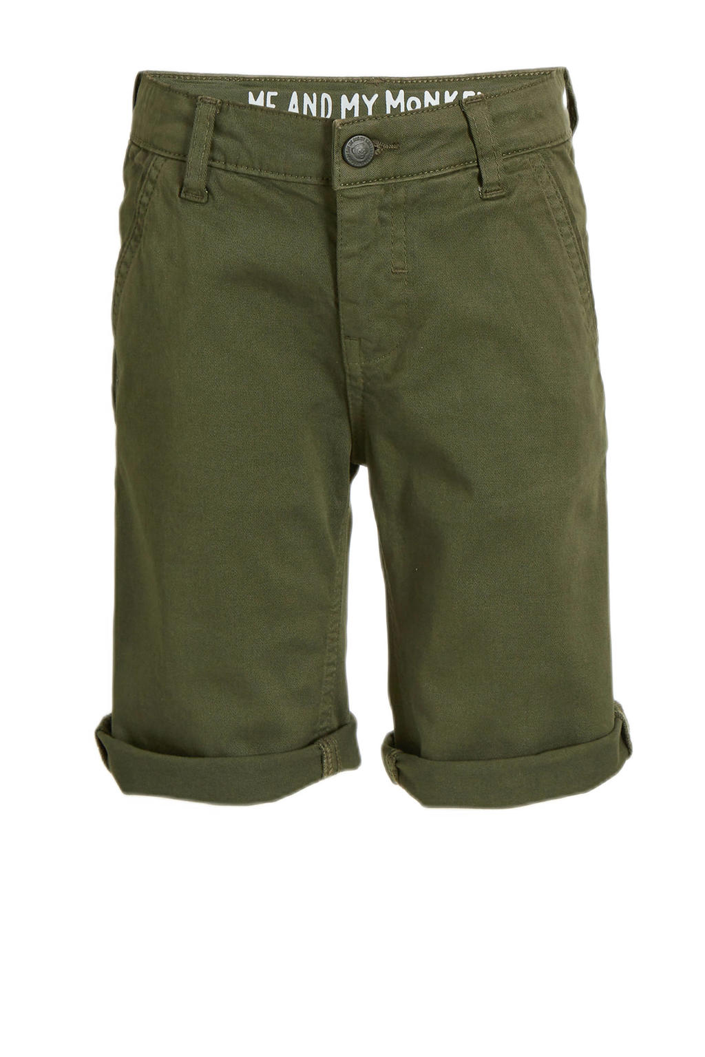 Olijfgroene jongens Me & My Monkey short Michiel van stretchkatoen met regular waist en rits- en knoopsluiting