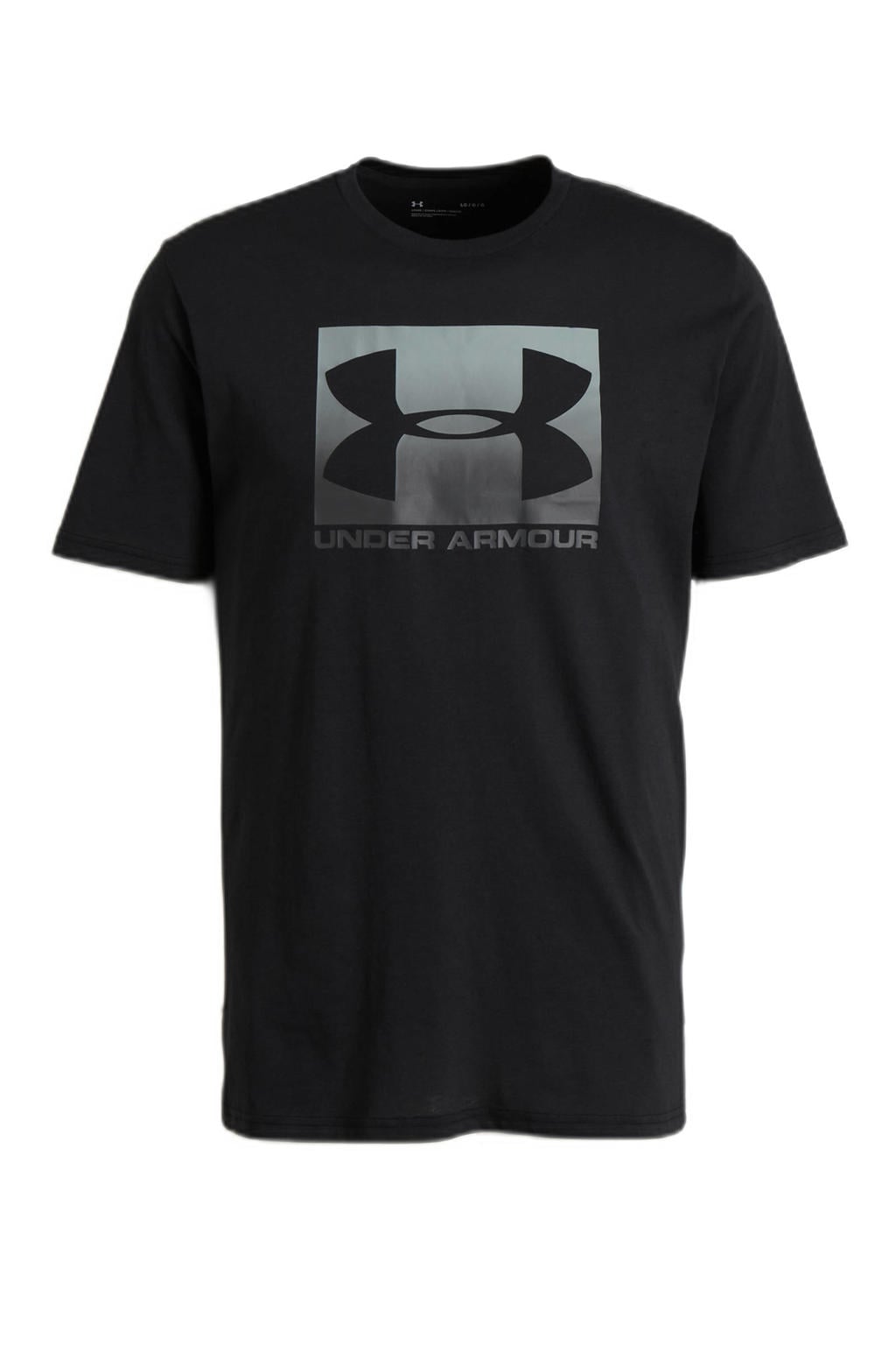 Zwarte heren Under Armour sportshirt Boxed van katoen met logo dessin, korte mouwen en ronde hals