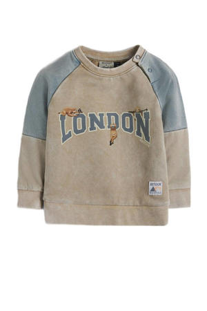 sweater London met tekst zand/blauw