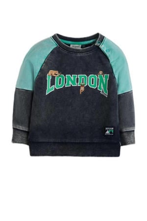 sweater London met tekst donkerblauw/mintgroen