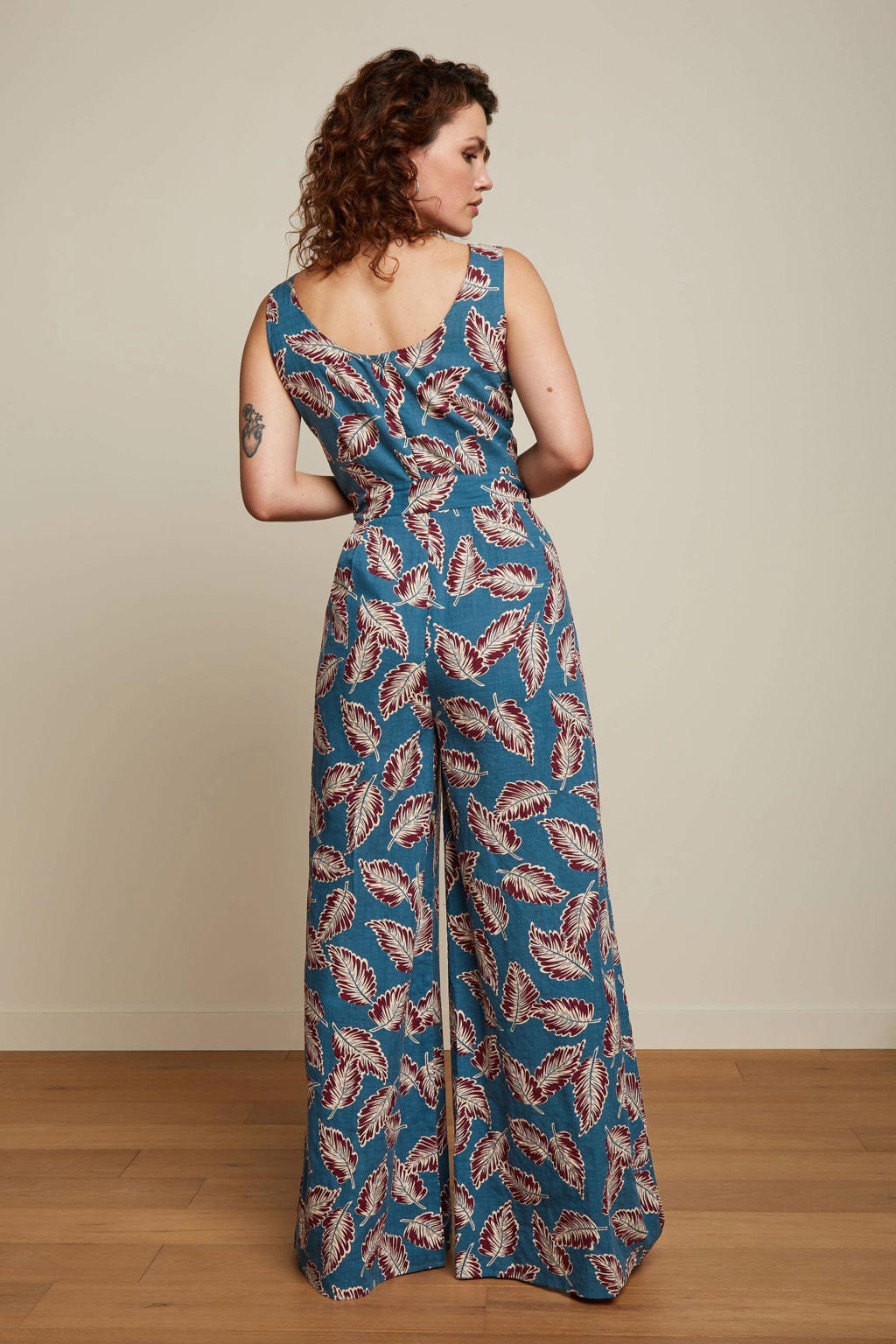 King Louie jumpsuit Frida Jumpsuit Dominica met bladprint blauw/rood