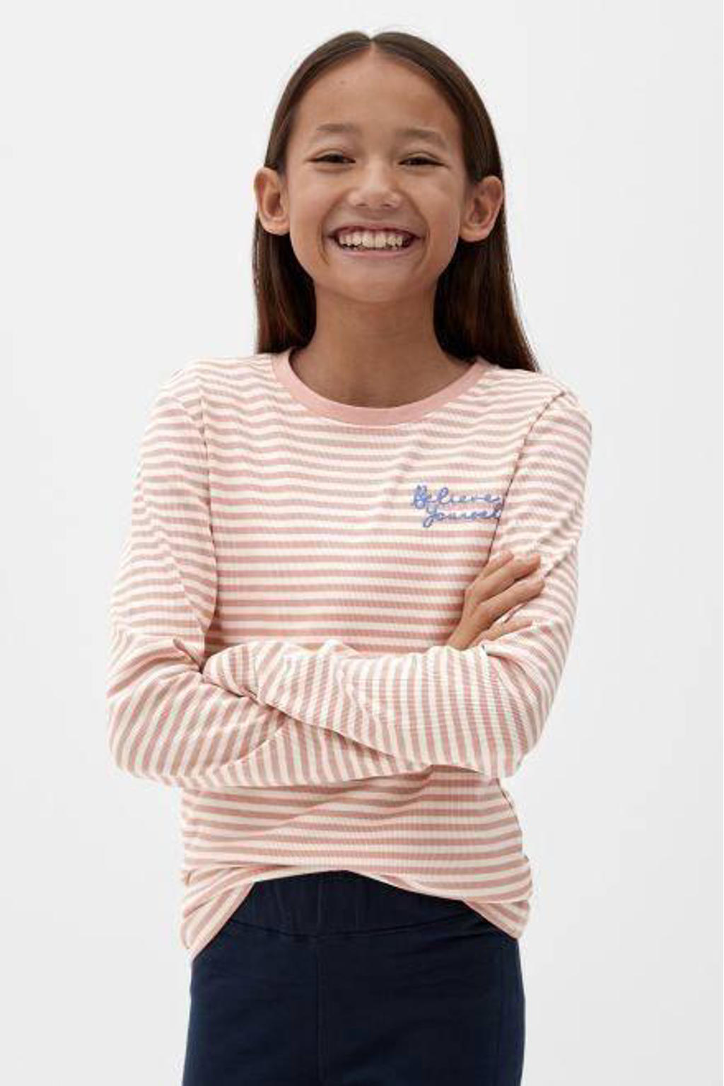 Roze en ecru meisjes s.Oliver gestreepte longsleeve van stretchkatoen met lange mouwen en ronde hals