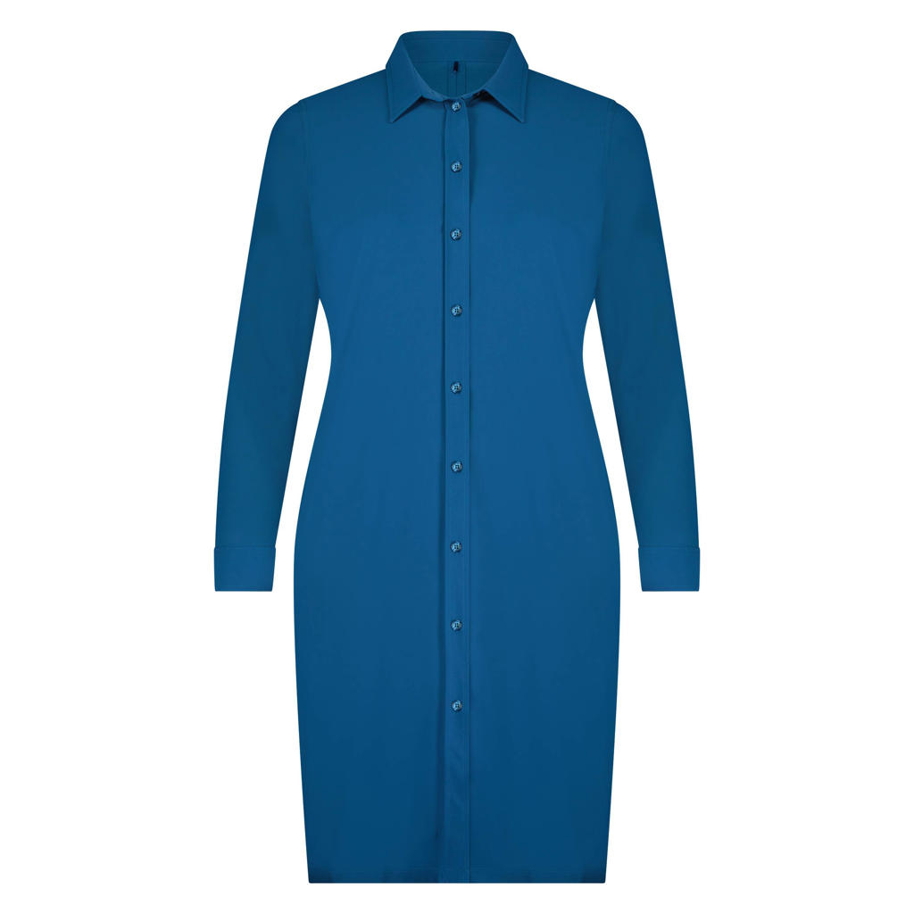 Blauwe dames Plus Basics blousejurk van travelstof met lange mouwen en klassieke kraag