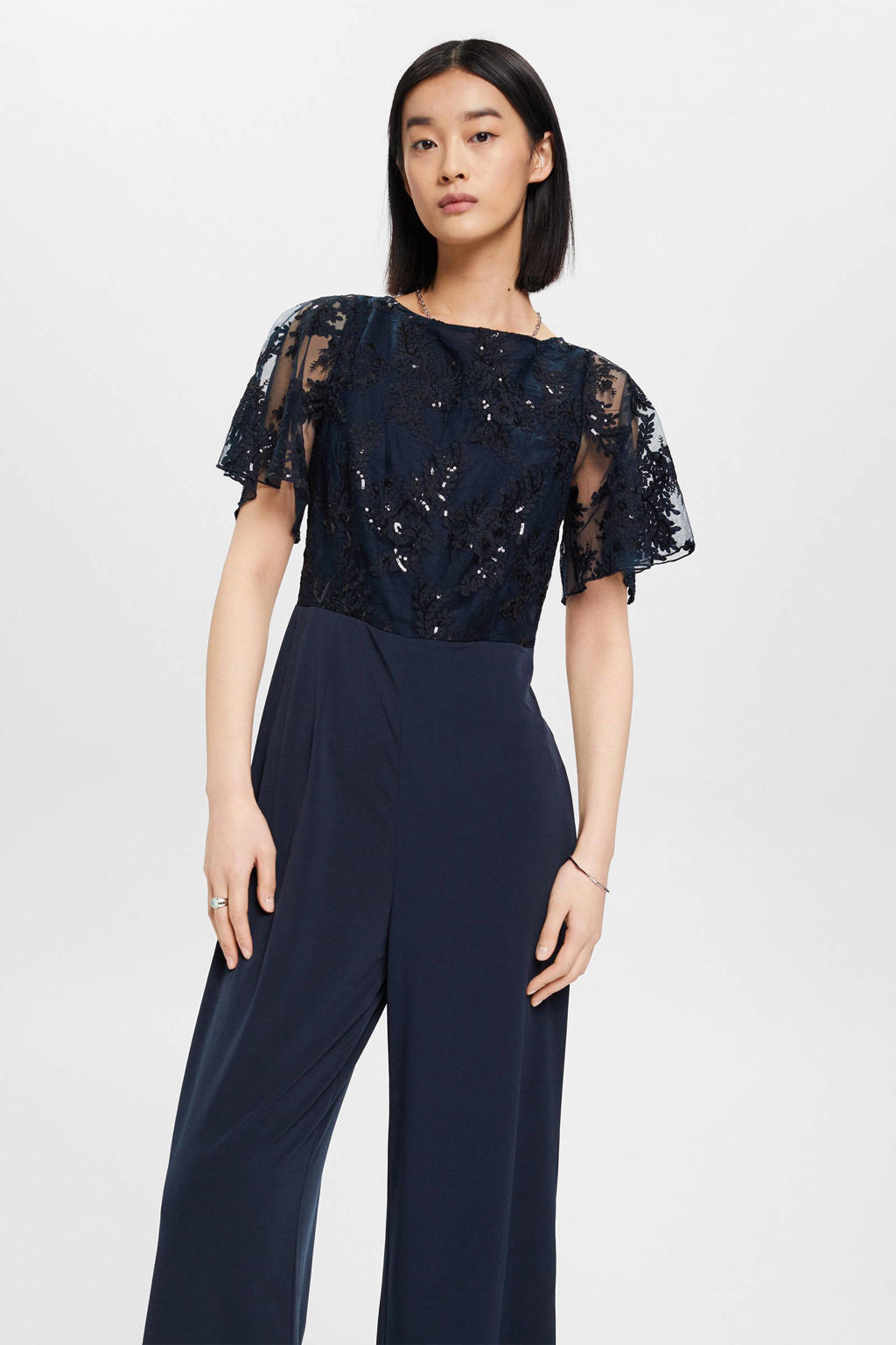 ESPRIT jumpsuit met pailletten donkerblauw wehkamp