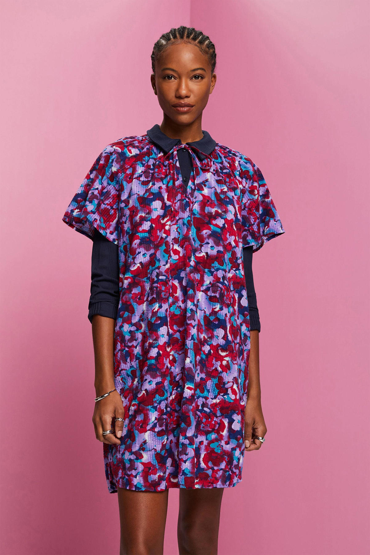 ESPRIT jurk met all over print en plooien donkerblauw/paars/rood wehkamp