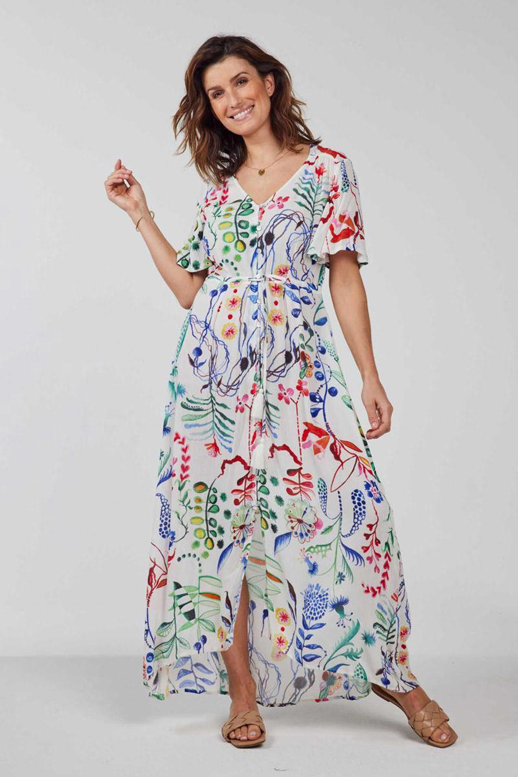 Didi maxi jurk Jazzy met all over print en ceintuur wit/blauw/rood