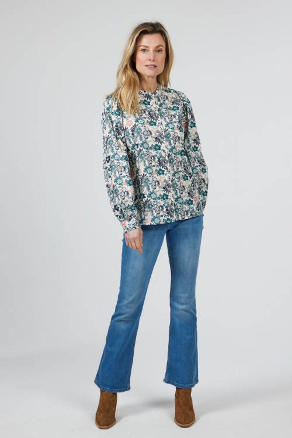 Wit, groen en zwarte dames Didi gebloemde blouse Gail van katoen met lange mouwen, mao kraag, knoopsluiting en plooien