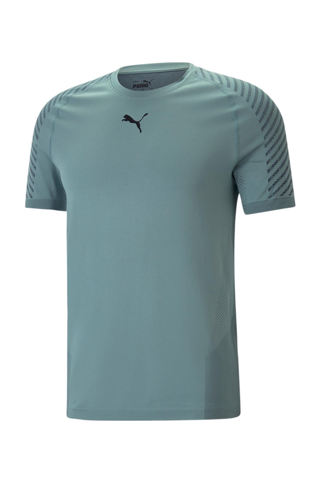 Turquoise heren Puma sport T-shirt van polyester met logo dessin, korte mouwen en ronde hals