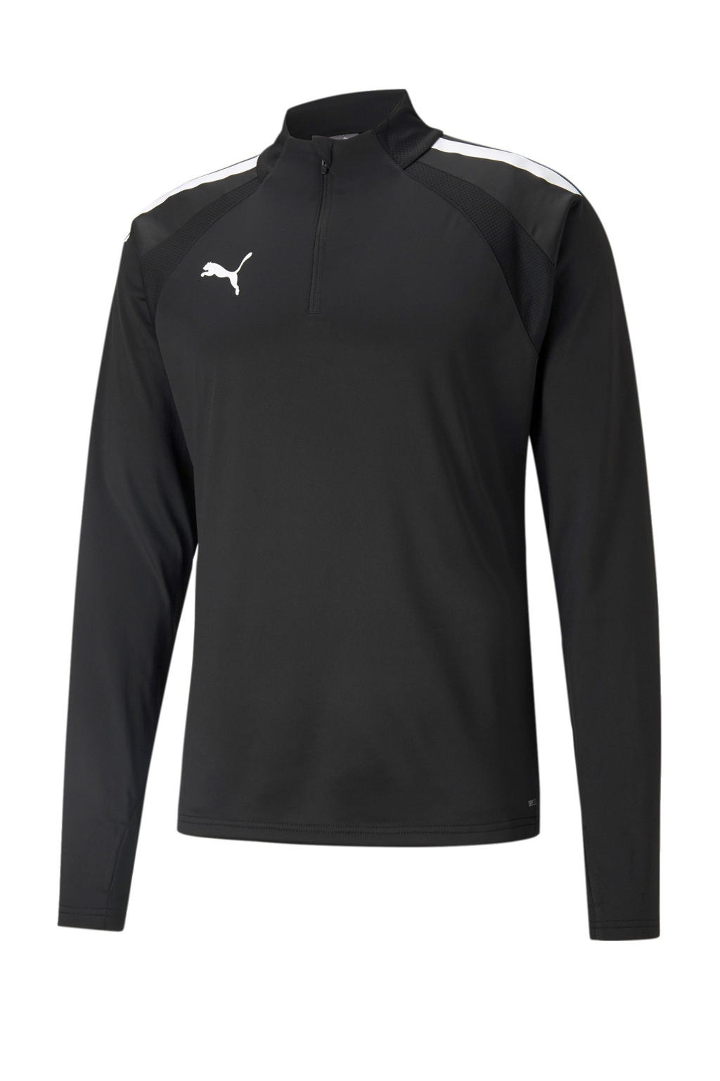 Zwart en witte heren Puma Senior voetbalshirt van gerecycled polyester met logo dessin, lange mouwen, opstaande kraag en halve rits