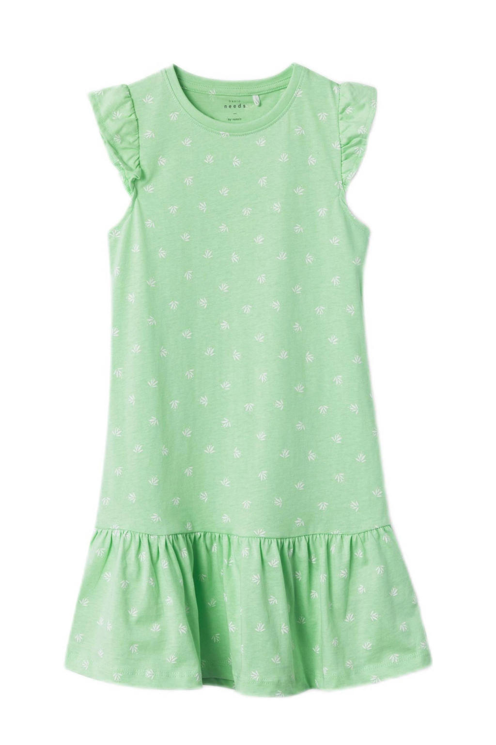 Groen, lichtgroen en witte meisjes NAME IT KIDS jurk met volant van katoen met all over print, kapmouwtjes en ronde hals
