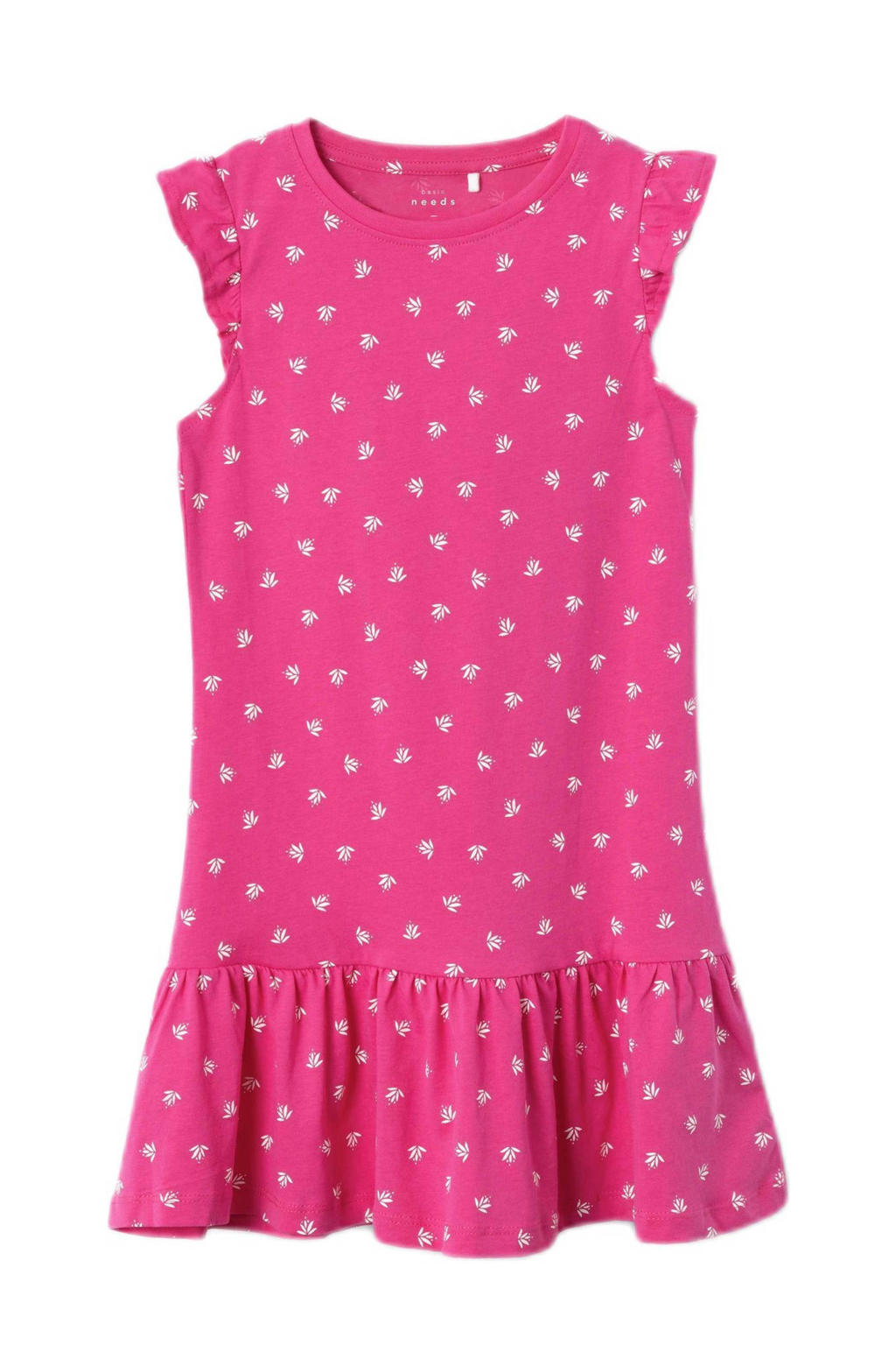 Fuchsia en witte meisjes NAME IT KIDS jurk met ruches van katoen met all over print, kapmouwtjes en ronde hals
