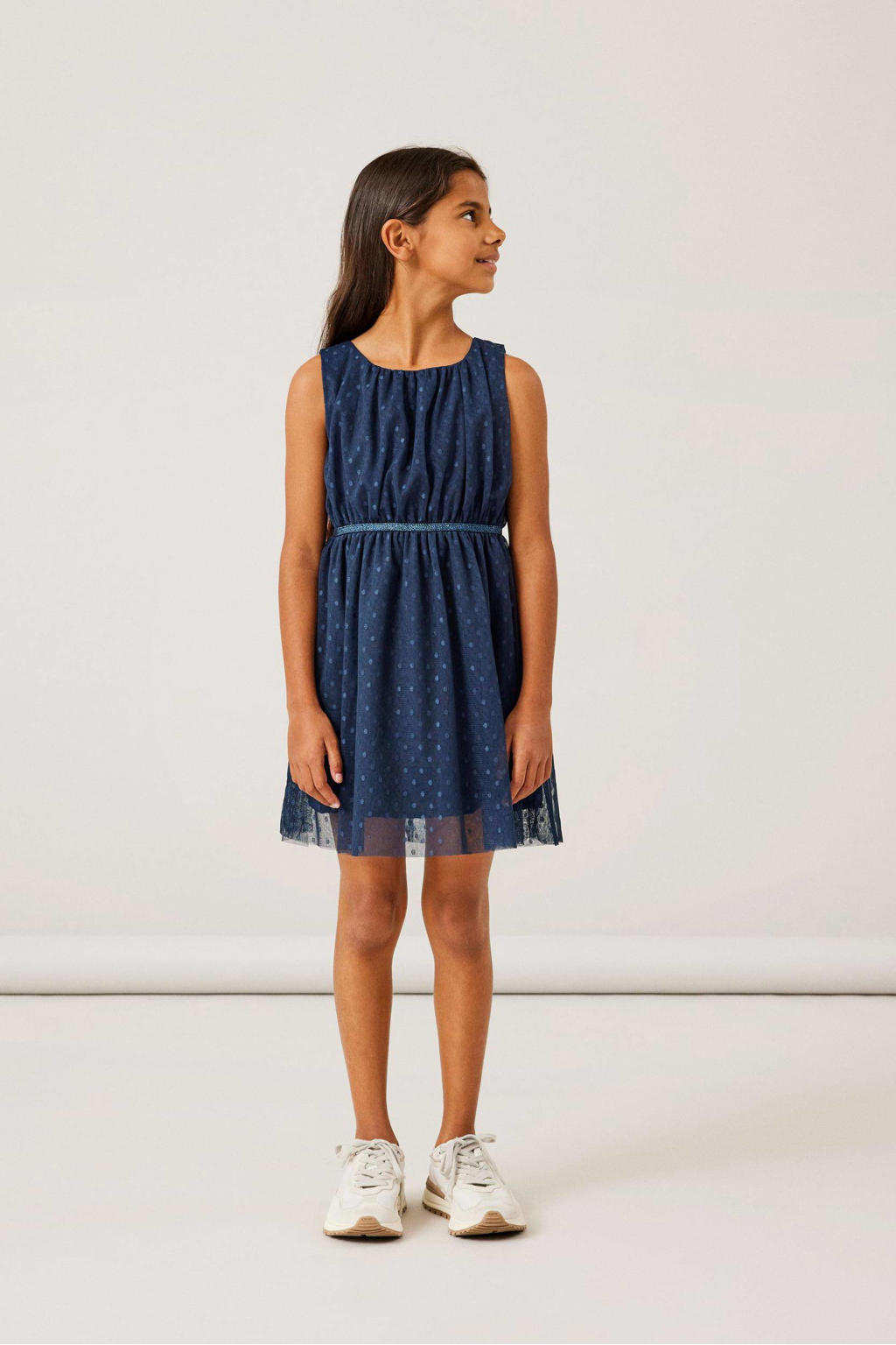 NAME IT KIDS semi-transparante jurk NKFVABOSS met all over print donkerblauw