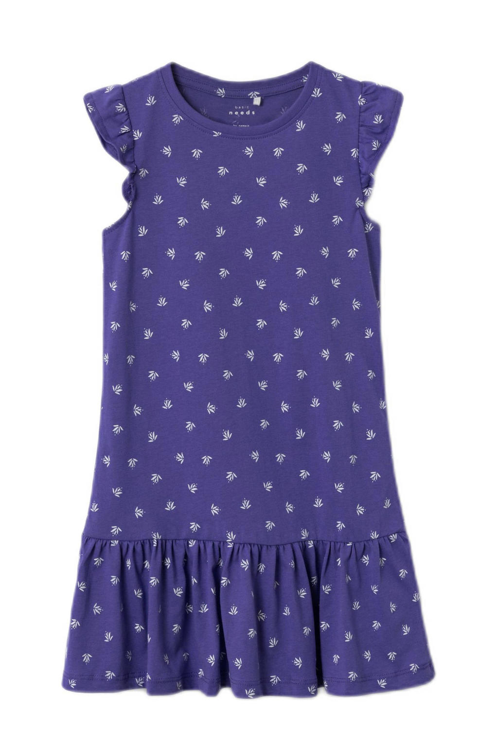 Paars en witte meisjes NAME IT KIDS jurk met ruches van katoen met all over print, kapmouwtjes en ronde hals