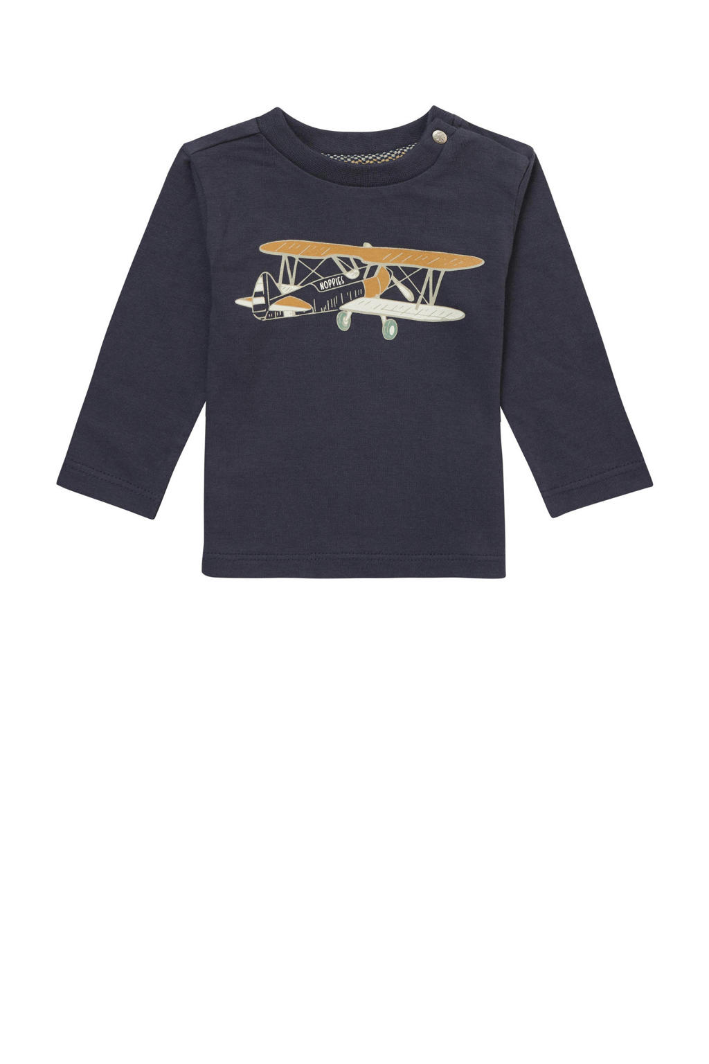 Blauwe jongens Noppies baby longsleeve Margate van duurzaam stretchkatoen met printopdruk, lange mouwen, ronde hals en drukknoopsluiting