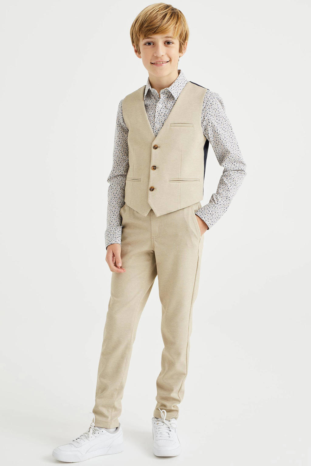 Beige jongens WE Fashion gemêleerde slim fit broek van polyester met regular waist en elastische tailleband met koord