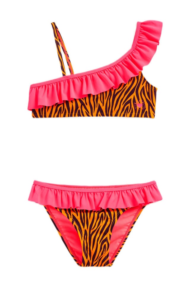 belasting virtueel erven WE Fashion crop bikini met ruches oranje/zwart/roze | wehkamp
