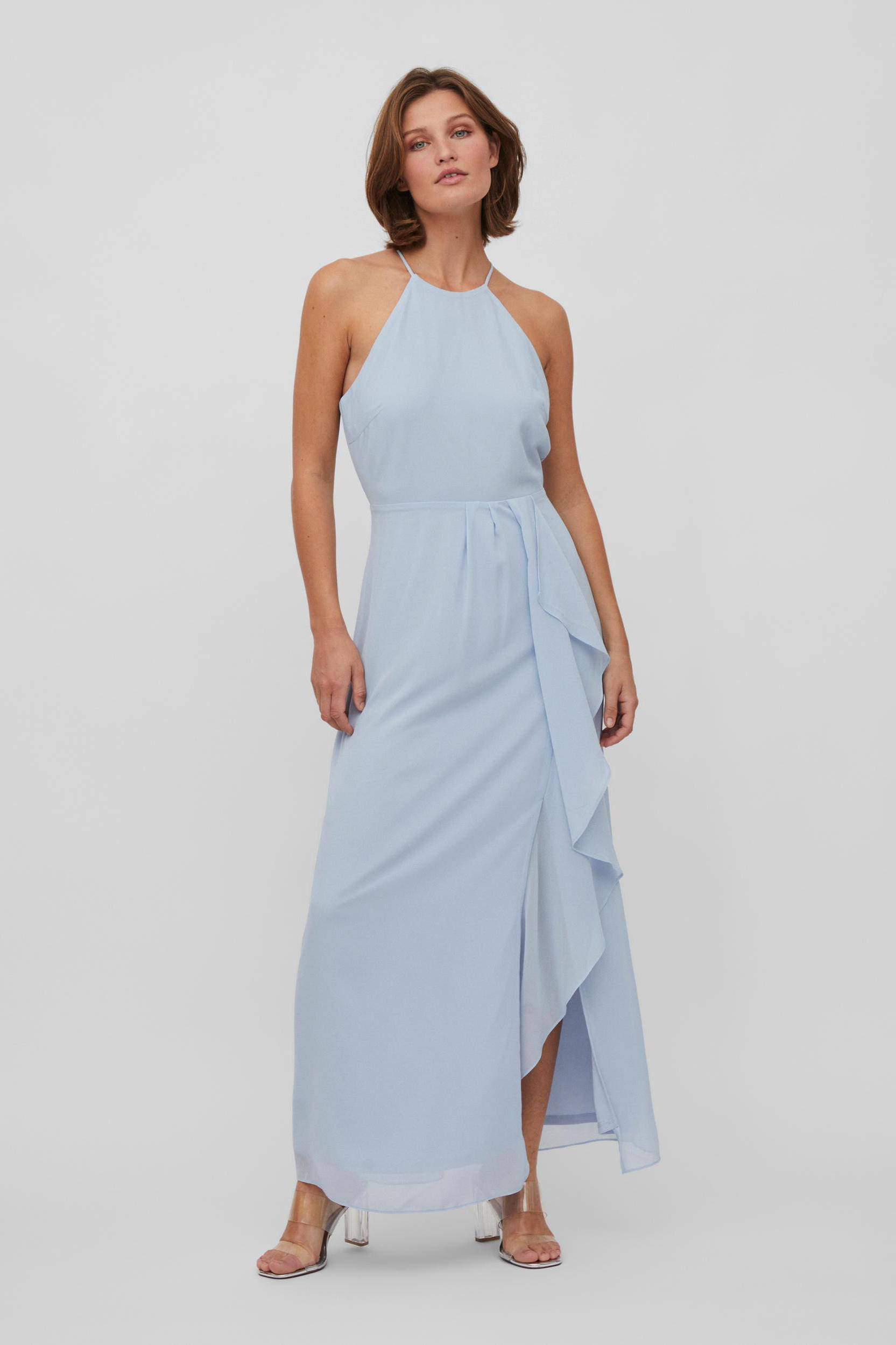 halter maxi jurk VIMILINA van polyester lichtblauw