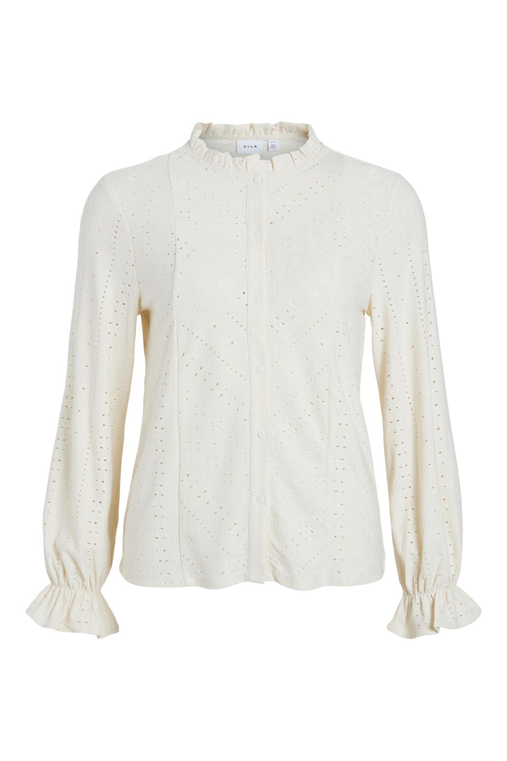 Ecru dames VILA blouse van polyester met lange mouwen, opstaande kraag, knoopsluiting en broderie