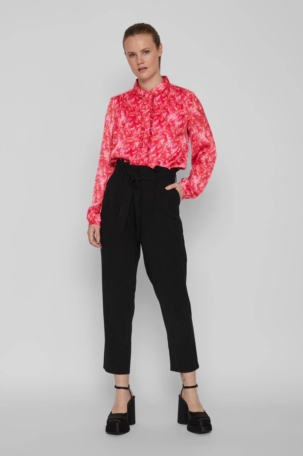 VILA blouse met paisleyprint en ruches roze/ rood | wehkamp