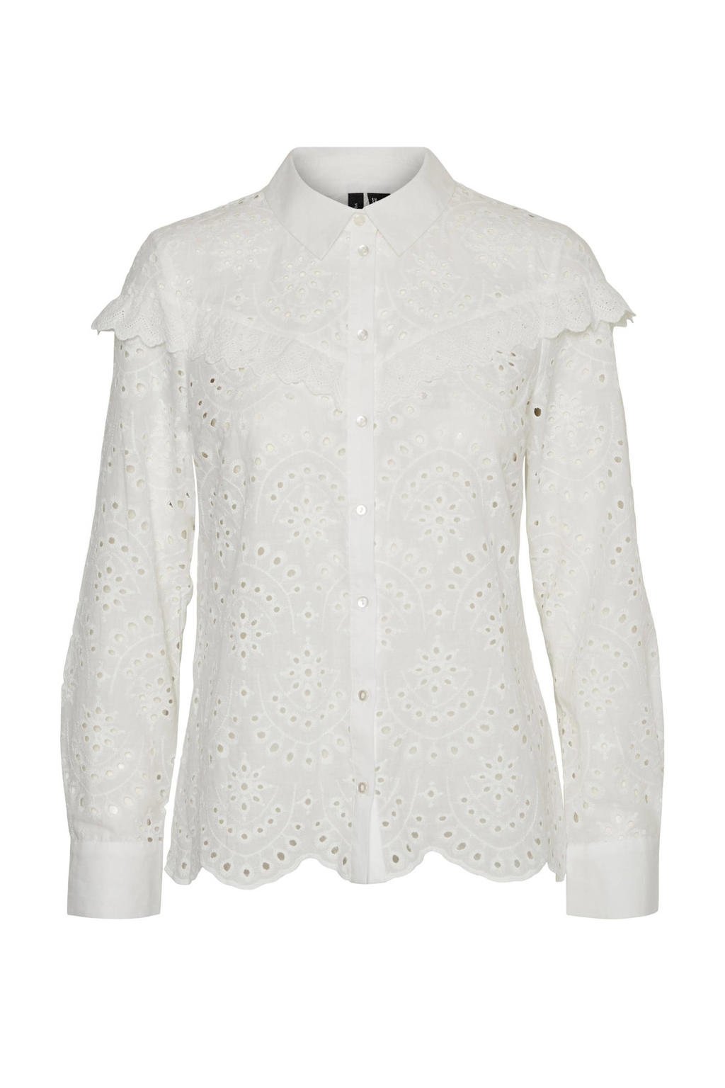 Witte dames VERO MODA blouse van katoen met lange mouwen, klassieke kraag, knoopsluiting en broderie