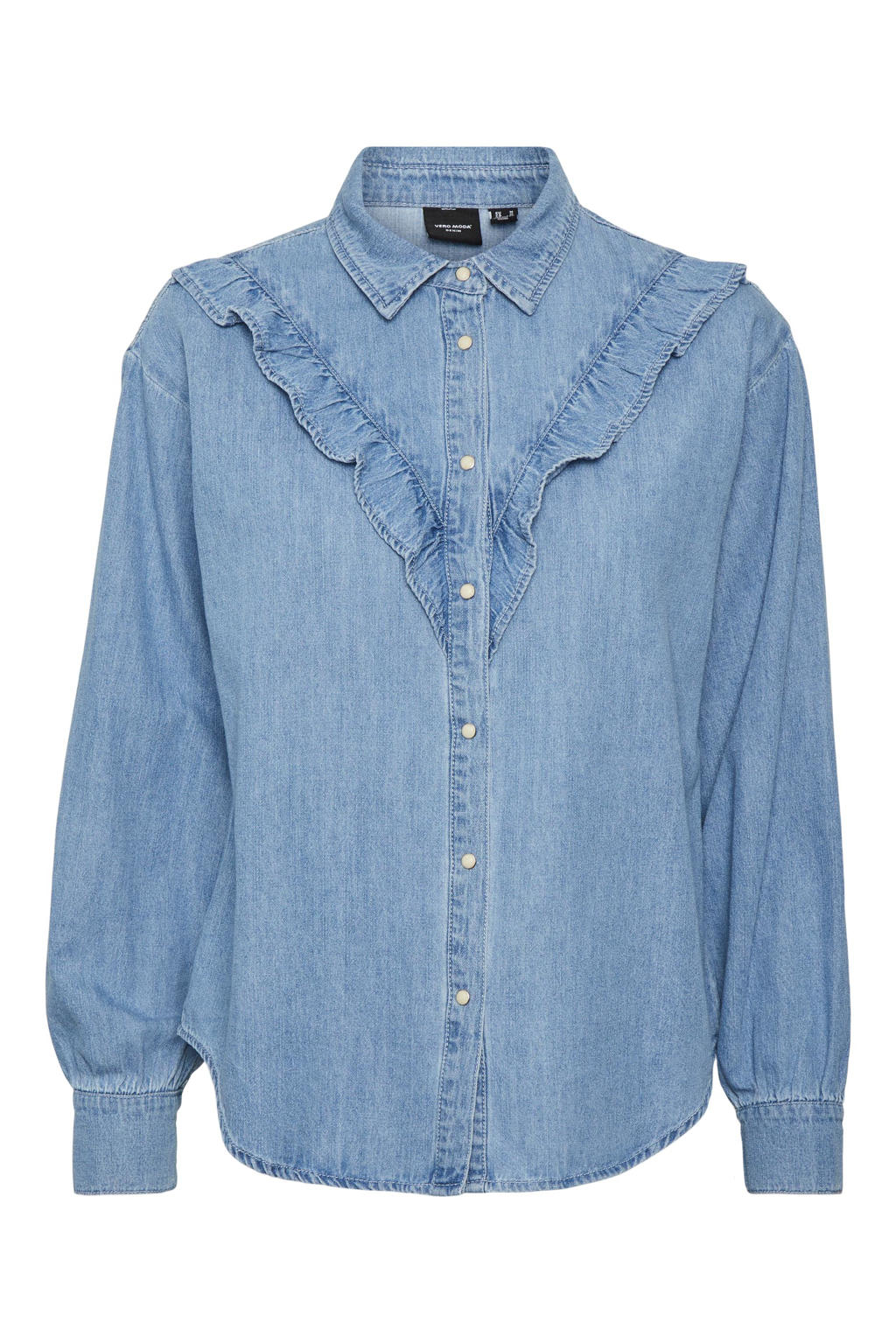 Blauwe dames VERO MODA blouse van katoen met lange mouwen, klassieke kraag, knoopsluiting en ruches