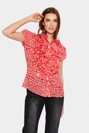 semi-transparante top Lilly met all over print en ruches rood/ecru