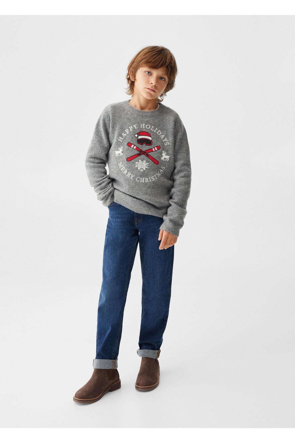 Mango Kids fijngebreide kersttrui met printopdruk grijs