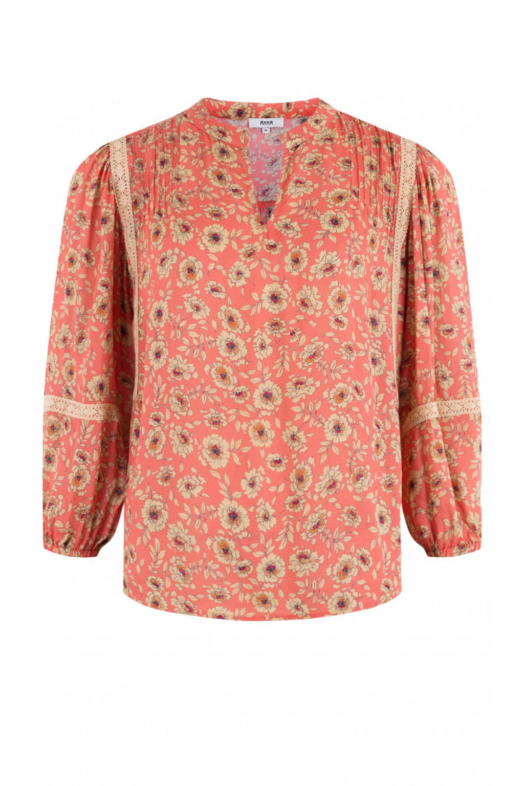 Oranje en beige dames Anna by Anna van Toor gebloemde top en plooien van viscose met driekwart mouwen, V-hals en contrast bies