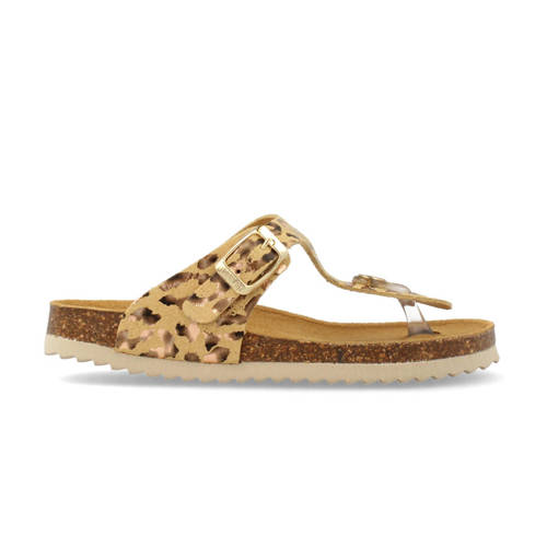Develab leren teenslippers met panterprint beige/goud
