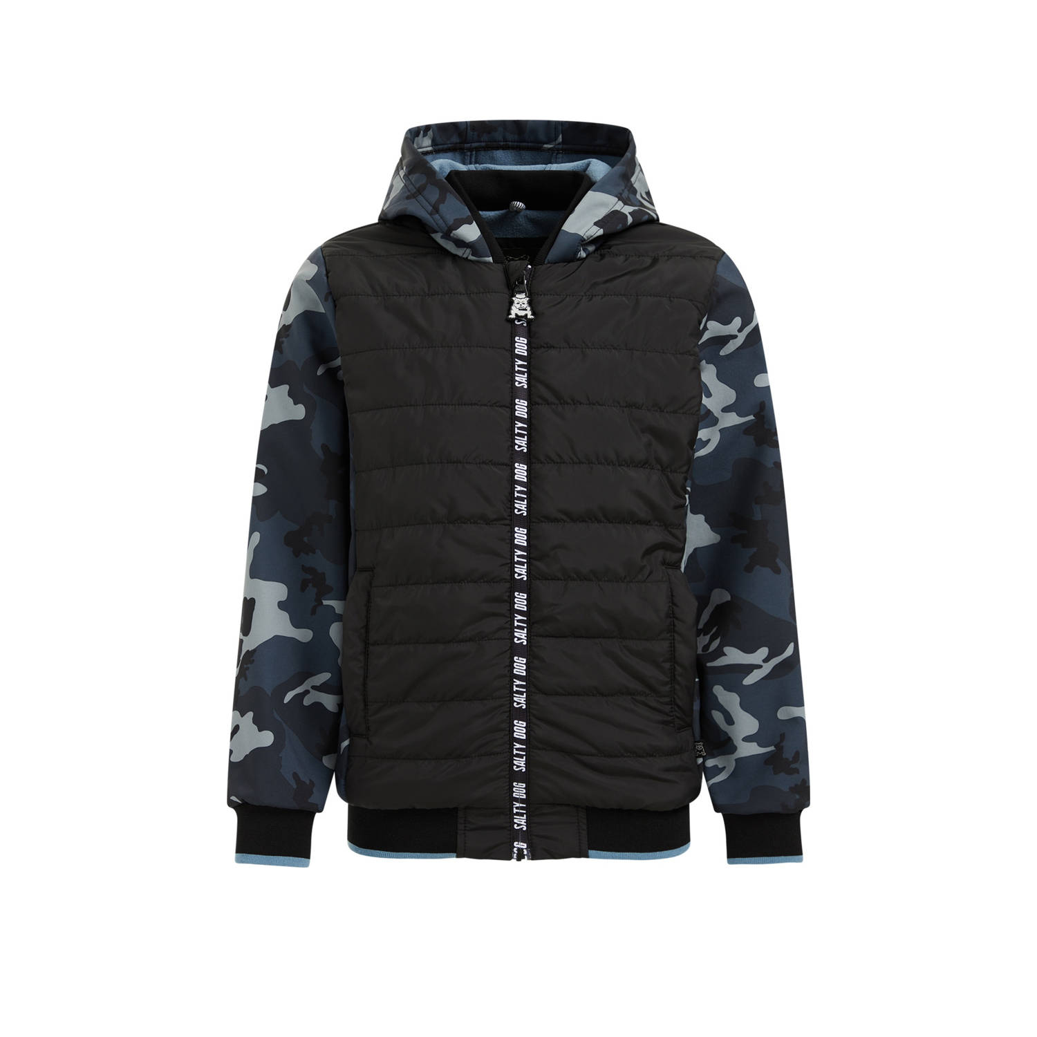 WE Fashion softshell jas met camouflageprint zwart grijs blauw Jongens Polyester Capuchon 134 140