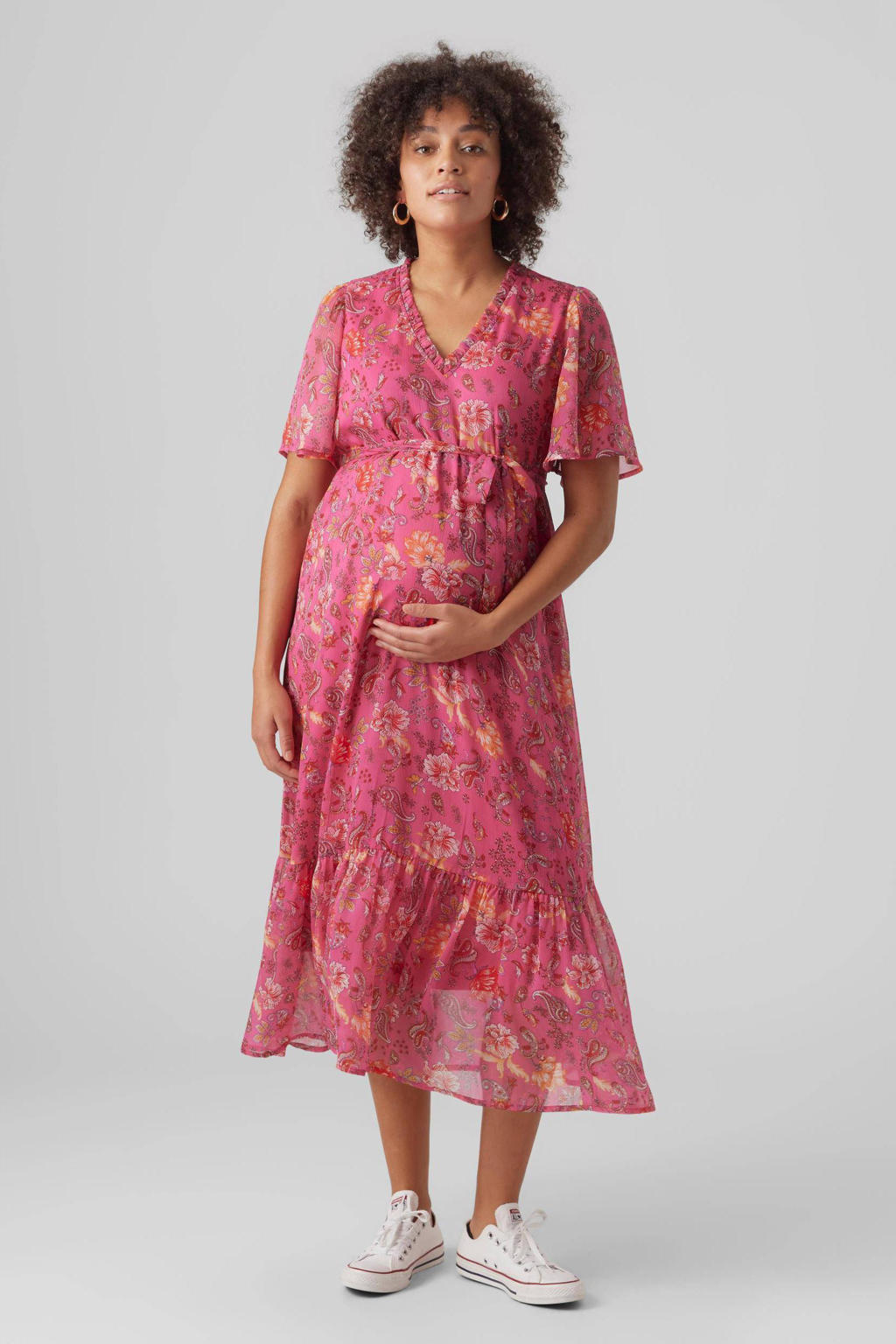 VERO MODA MATERNITY semi-transparante zwangerschapsjurk VMMSILO met all over print en volant roze