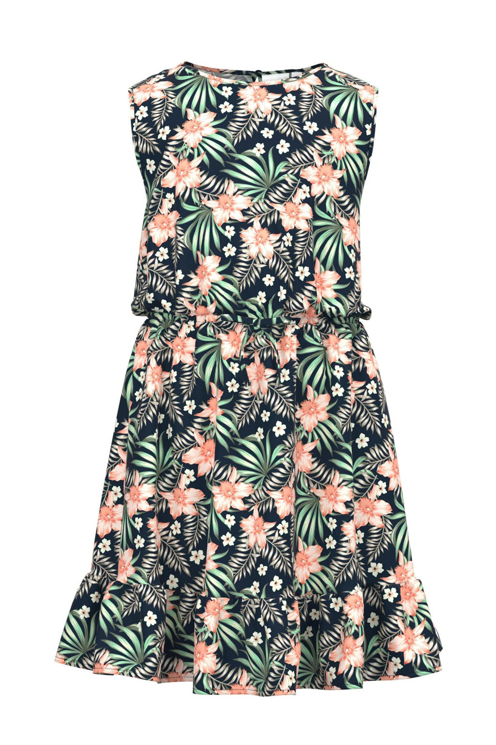 Donkerblauw, groen en zalmkleurige meisjes NAME IT KIDS gebloemde jurk van gerecycled polyester met boothals