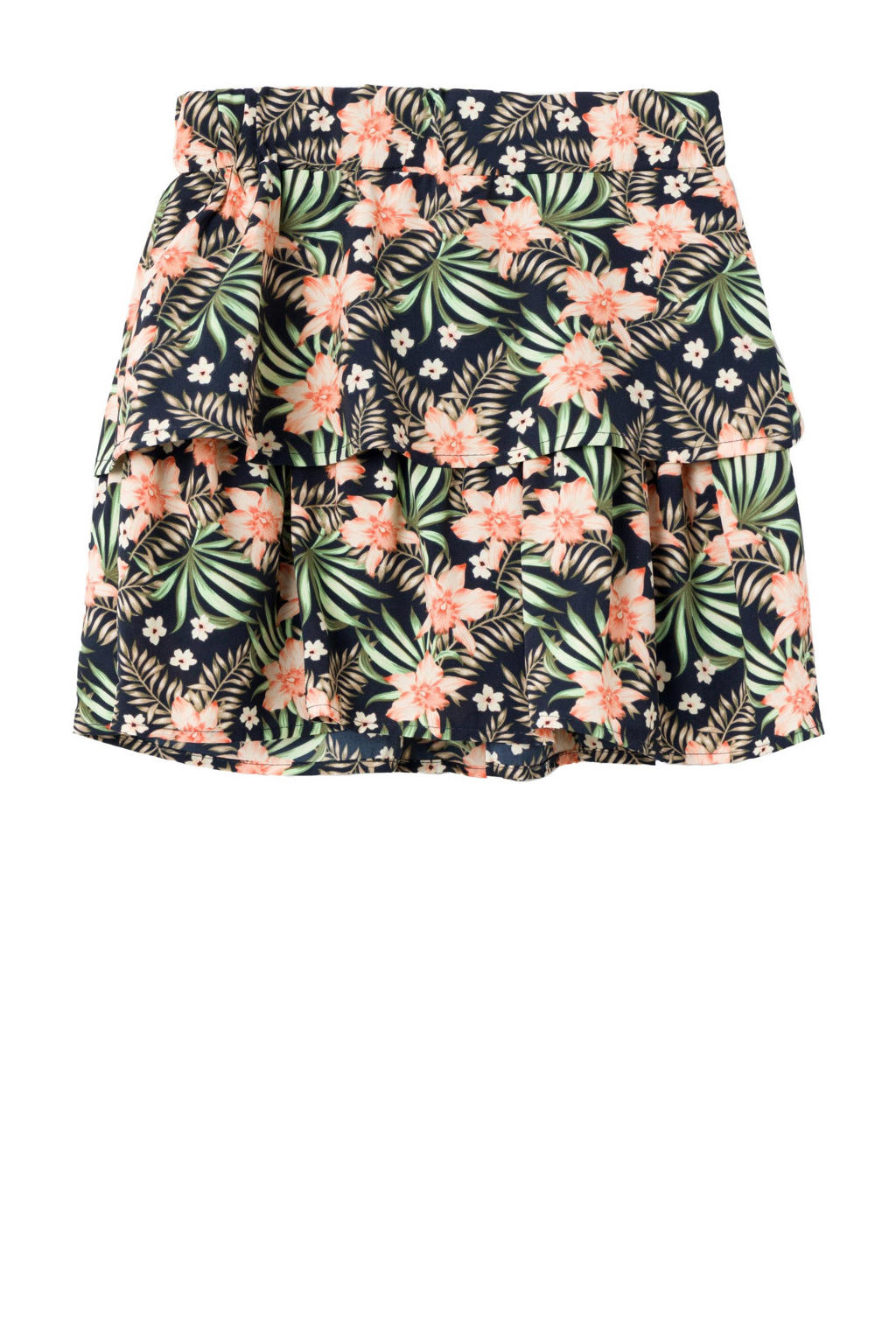 Donkerblauw, groen en zalmkleurige meisjes NAME IT KIDS gebloemde rok van polyester voorzien van elastische tailleband