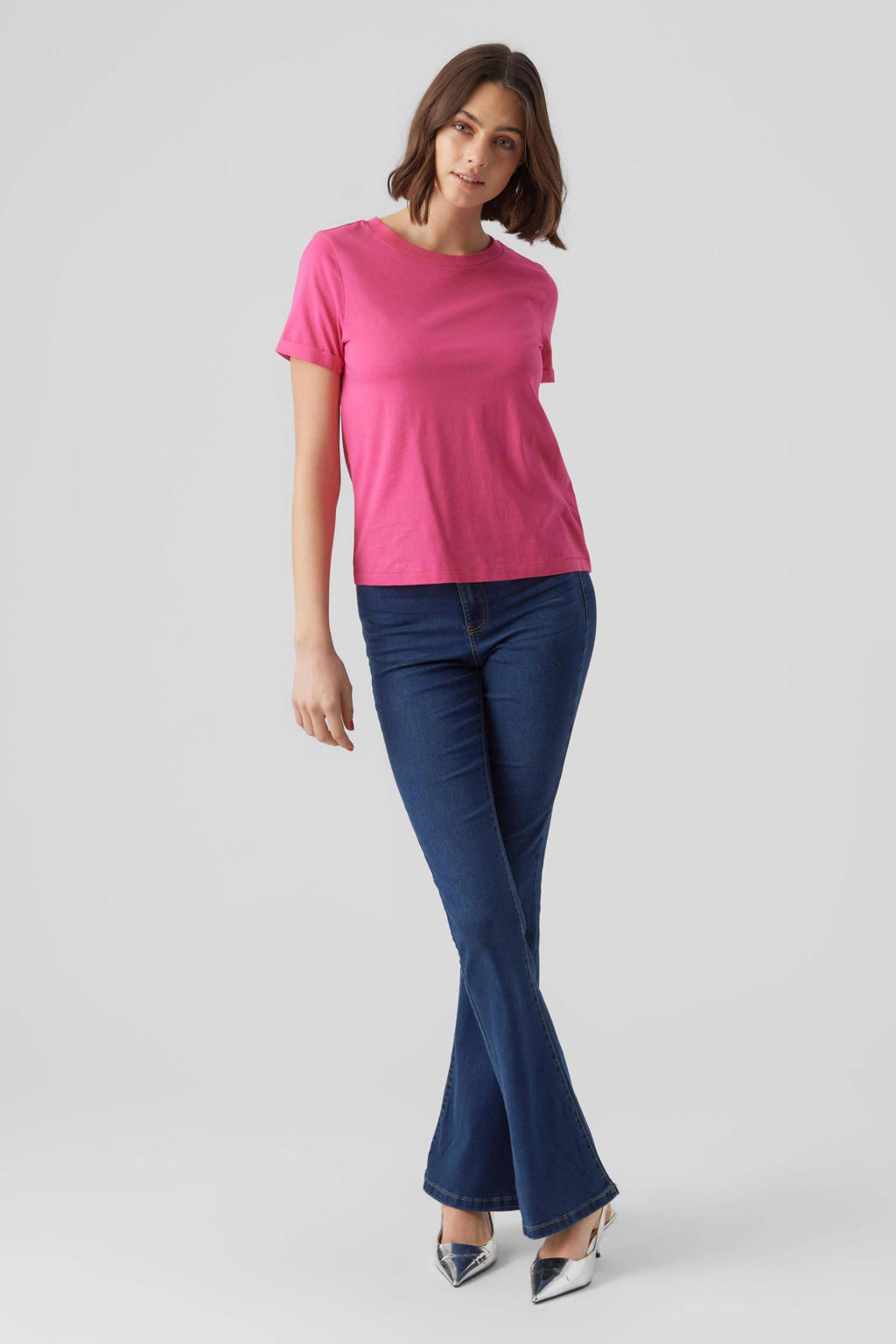 Roze dames VERO MODA T-shirt van biologisch katoen met korte mouwen en ronde hals