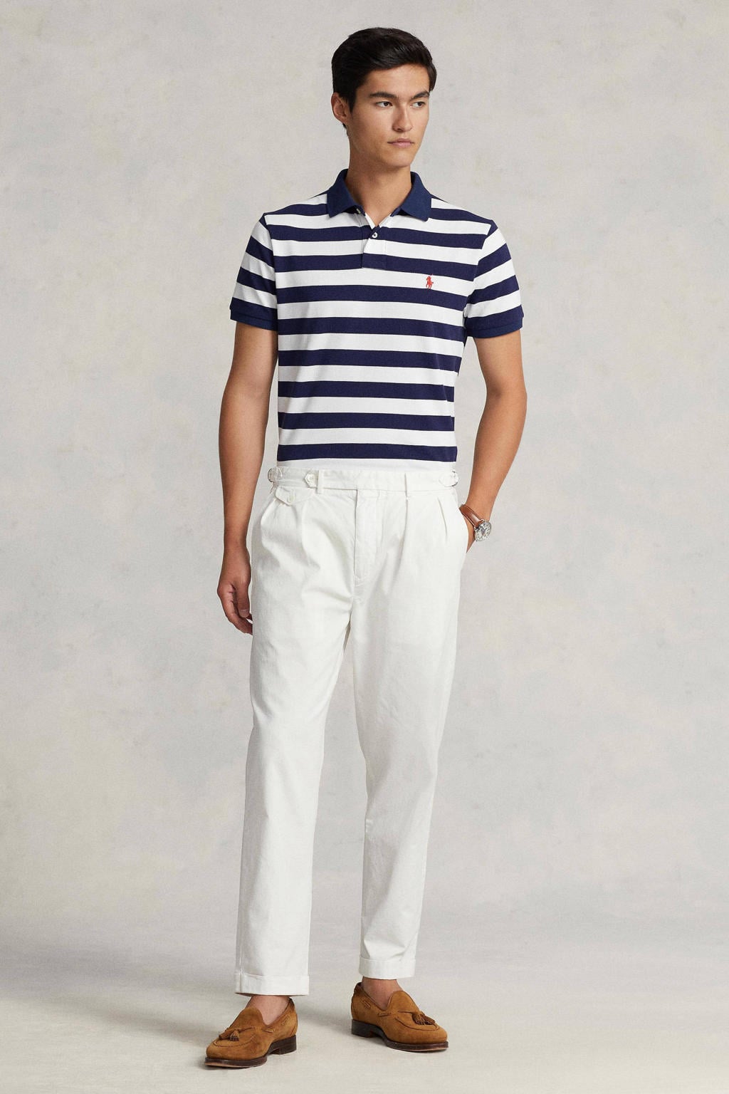 Donkerblauwe heren POLO Ralph Lauren gestreepte slim fit polo van katoen met korte mouwen en klassieke kraag