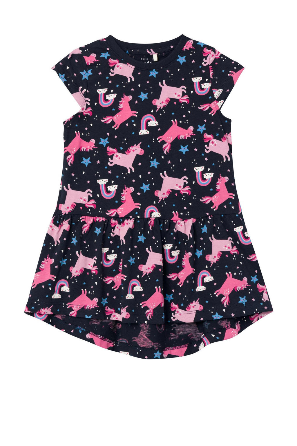 Donkerblauw en roze meisjes NAME IT MINI jurk van katoen met kapmouwtjes en ronde hals