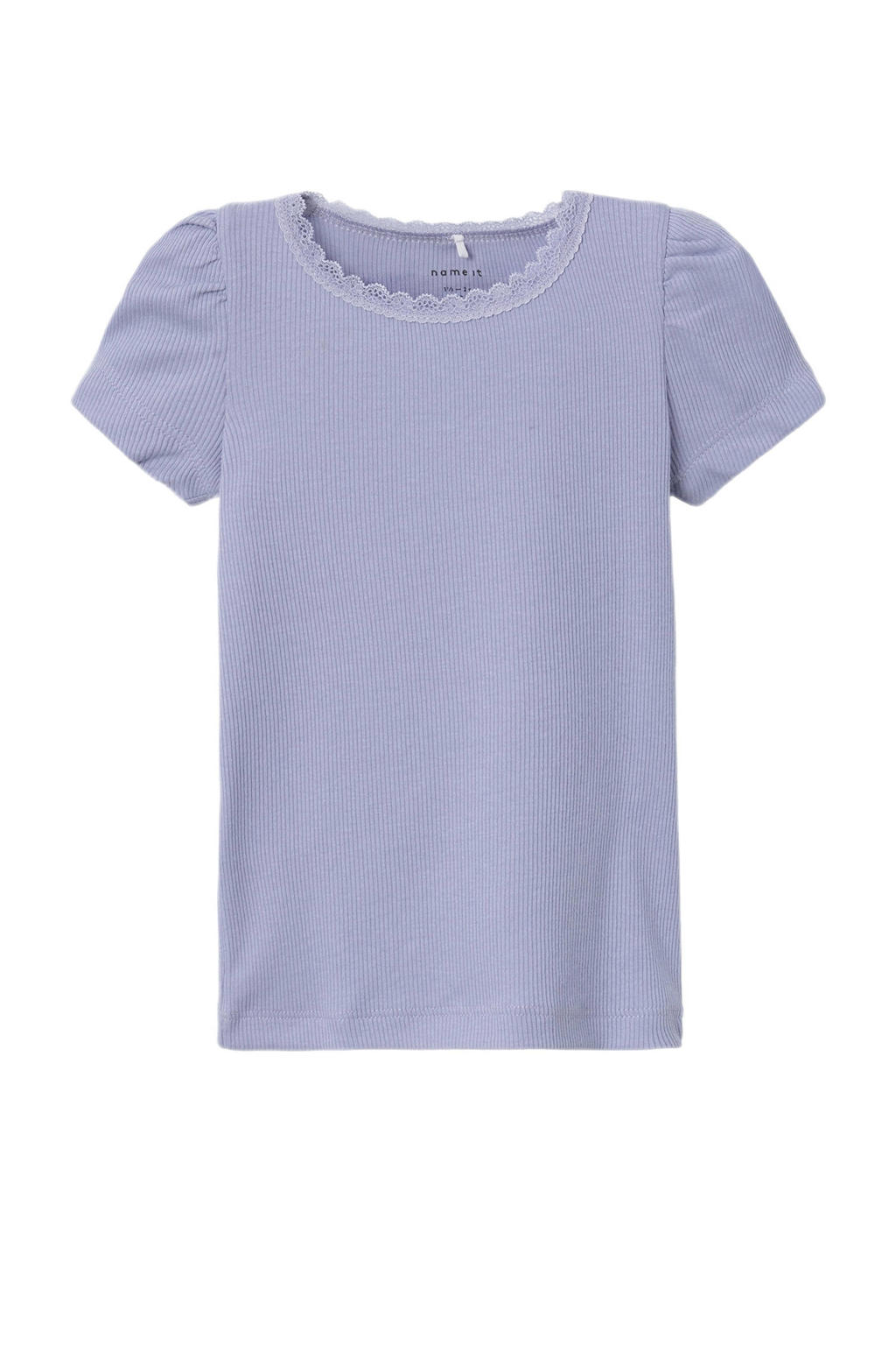 Lilakleurige meisjes NAME IT MINI ribgebreid T-shirt van duurzaam stretchkatoen met korte mouwen, ronde hals en kant