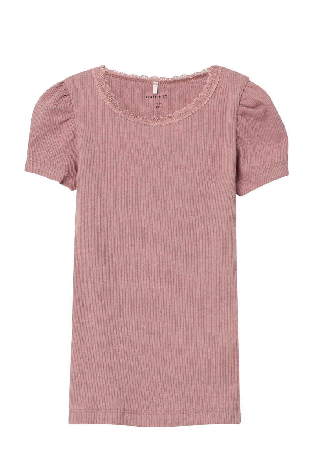 Roze meisjes NAME IT MINI ribgebreid T-shirt van stretchkatoen met effen, korte mouwen, ronde hals en kant